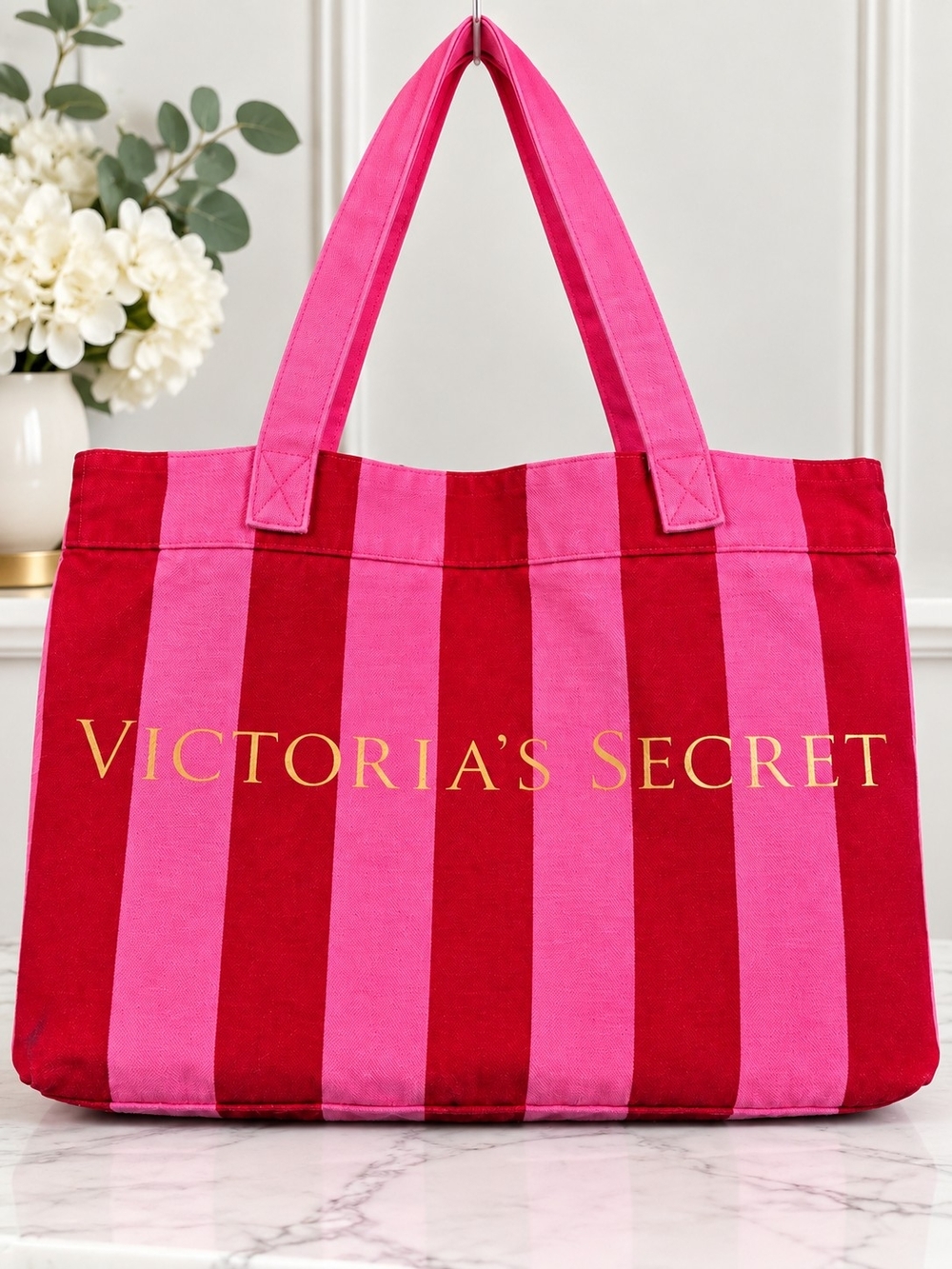 Victoria's Secret Pink Red Striped Canvas Gold Logo Tote Bag
